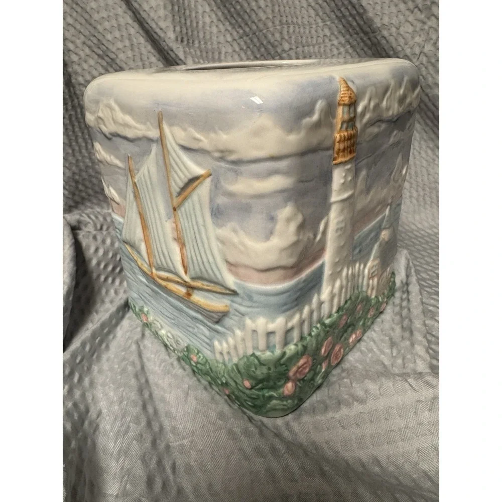 Vintage 1980s Handpainted Ceramic‎ Tissue Box Cover Lighthouse Nautical